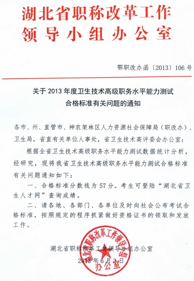 關(guān)于2013年度衛(wèi)生技術(shù)高級職務(wù)水平能力測試合格標準有關(guān)問題的通知