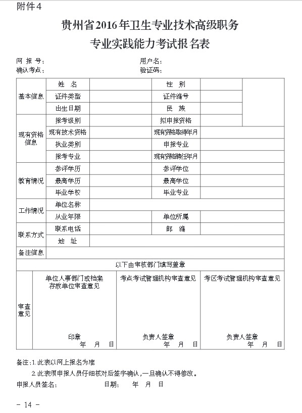 2016年貴州省衛(wèi)生專(zhuān)業(yè)技術(shù)高級(jí)職務(wù)專(zhuān)業(yè)實(shí)踐能力考試報(bào)名表