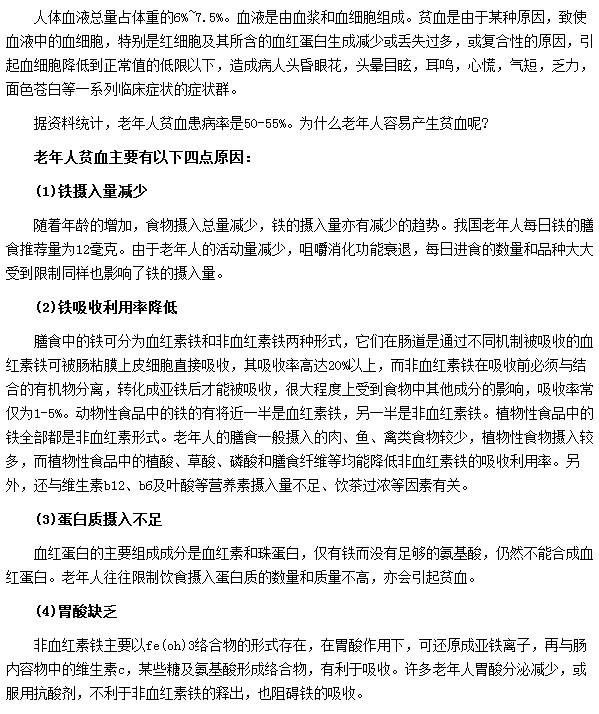老年人容易貧血的原因是因為鐵元素攝取量不足所導致