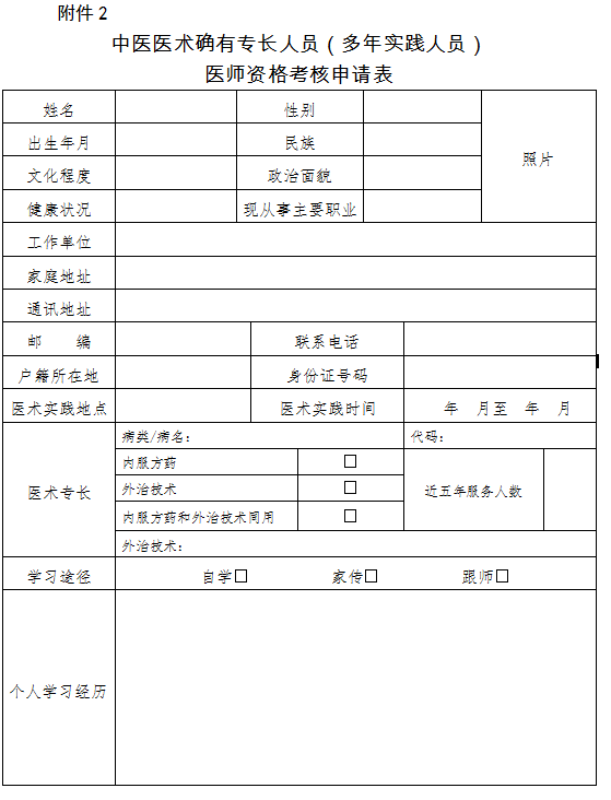 2018中醫(yī)醫(yī)術(shù)確有專長人員（多年實踐人員）醫(yī)師資格考核申請表下載