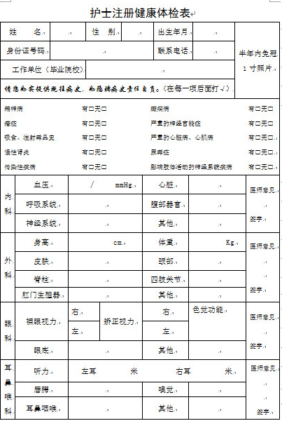 2018護(hù)士注冊(cè)體檢表_護(hù)士注冊(cè)健康體檢表下載