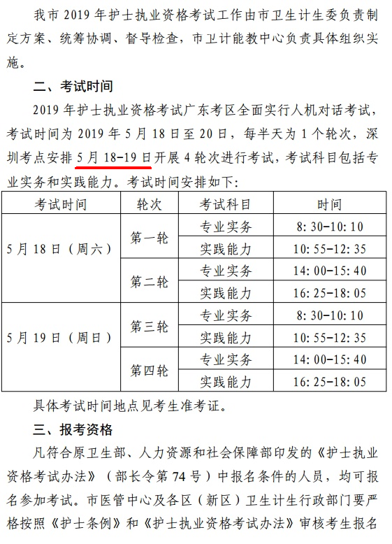 廣東深圳市2019年護士資格考試時間