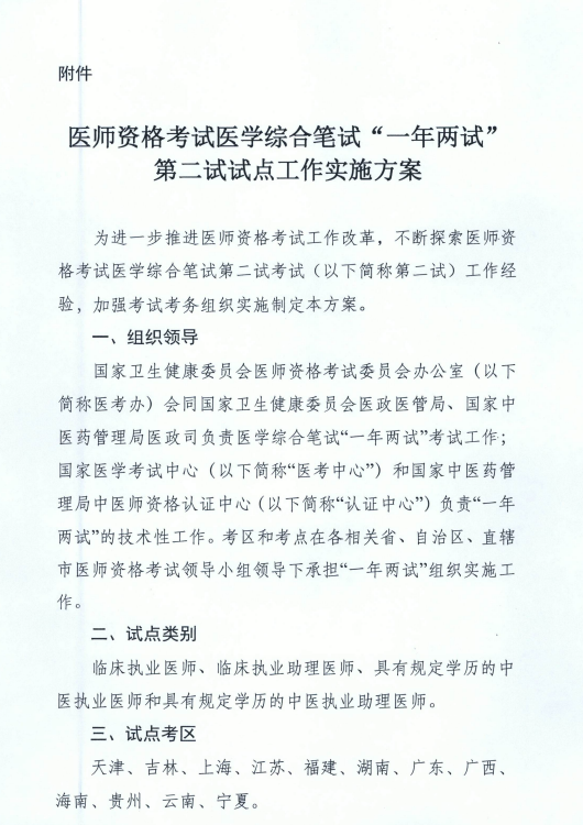 國家衛(wèi)健委關于在天津等12個考區(qū)開展“一年兩試”試點工作的通知！