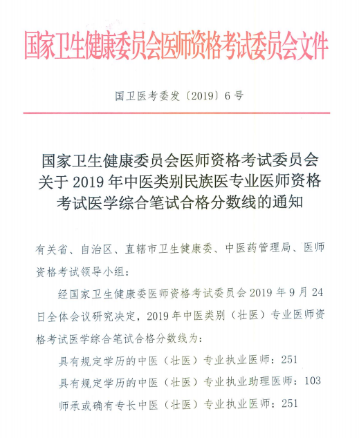 國家衛(wèi)健委關(guān)于2019年中醫(yī)民族醫(yī)專業(yè)醫(yī)師資格考試合格分數(shù)線通知