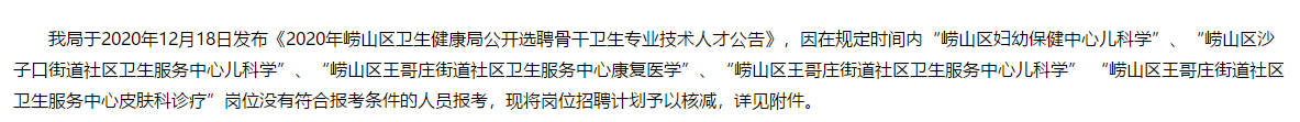 2020年青島嶗山區(qū)衛(wèi)健局（山東?。┕_選聘骨干衛(wèi)生專業(yè)技術人才核減部分招聘計劃