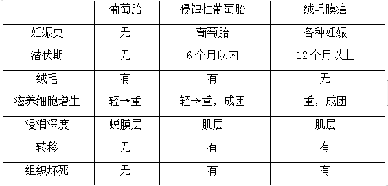 絨癌、侵蝕性葡萄胎、葡萄胎的鑒別